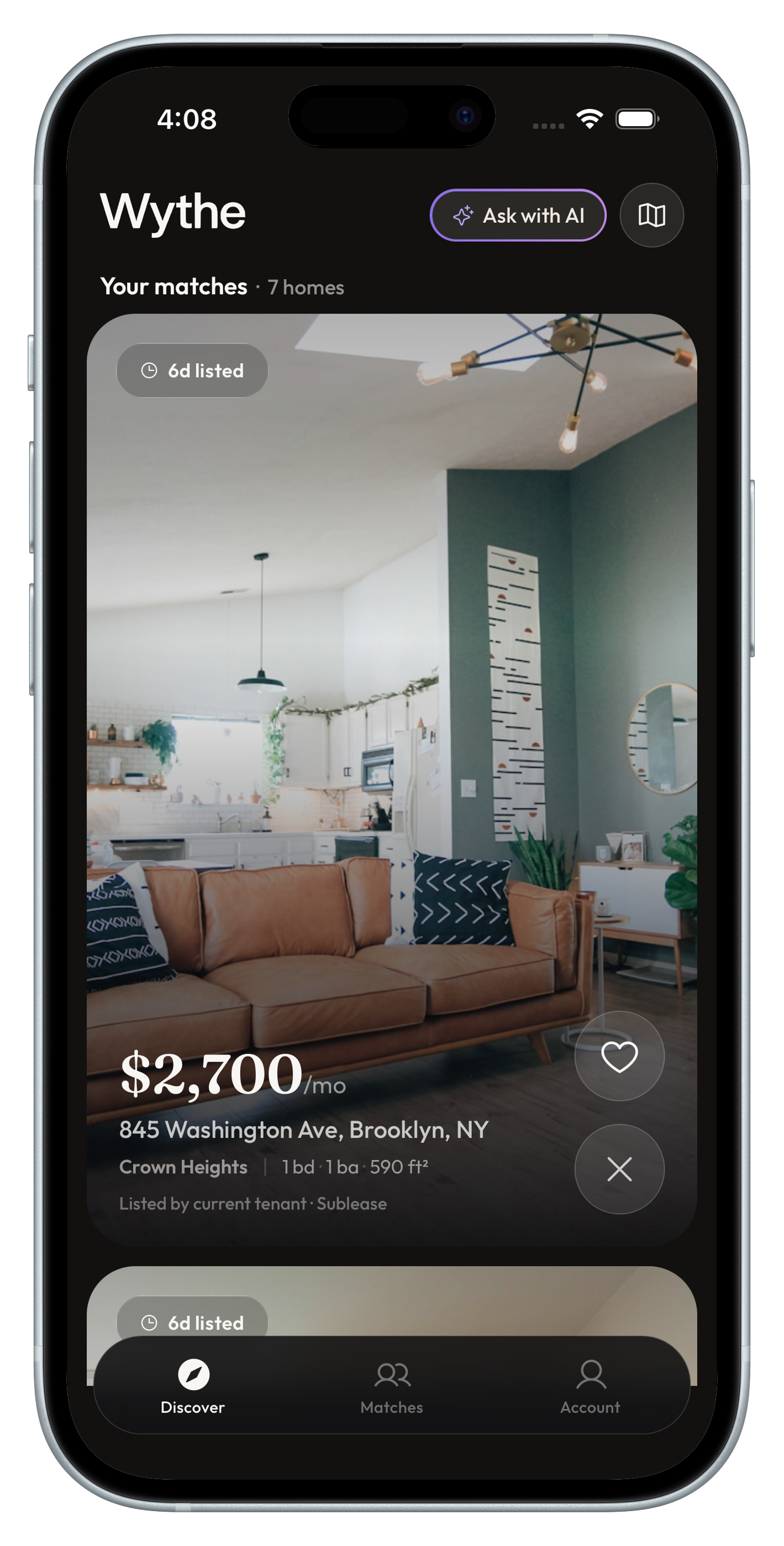 Wythe showing a fresh Crown Heights apartment listing with the price, listing source, and save controls visible